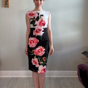 Joseph Ribkoff floral print sheath dress. Pink roses. Slit. Midi. Workwear.